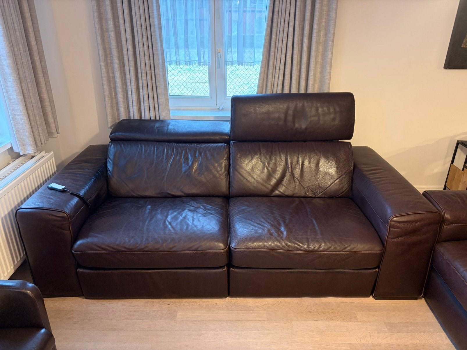 Natuzzi salon 3+2 donkerbruin Buffalo-leer elektrische relax, Huis en Inrichting, Ophalen, Gebruikt, Leer
