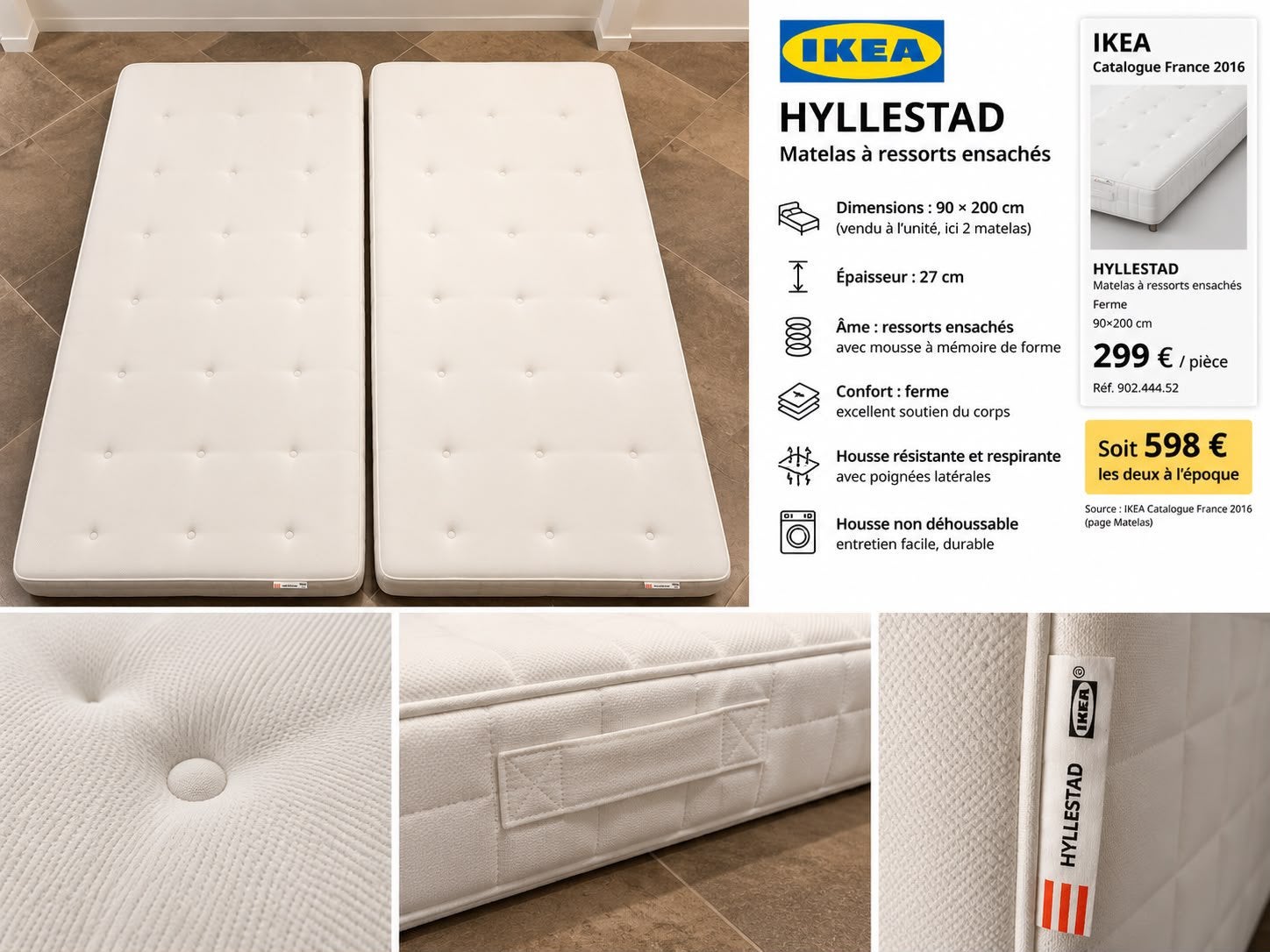 2 Matelas et surmatelas IKEA  – Ressorts ensachés – Ferme, Matelas, Enlèvement, Utilisé, 180 cm