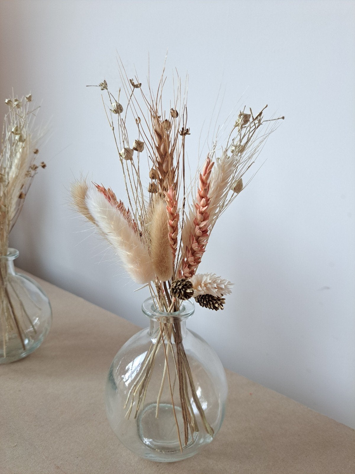 10 bolvaasjes met droogbloemen beige - oudroze, Ophalen, Nieuw