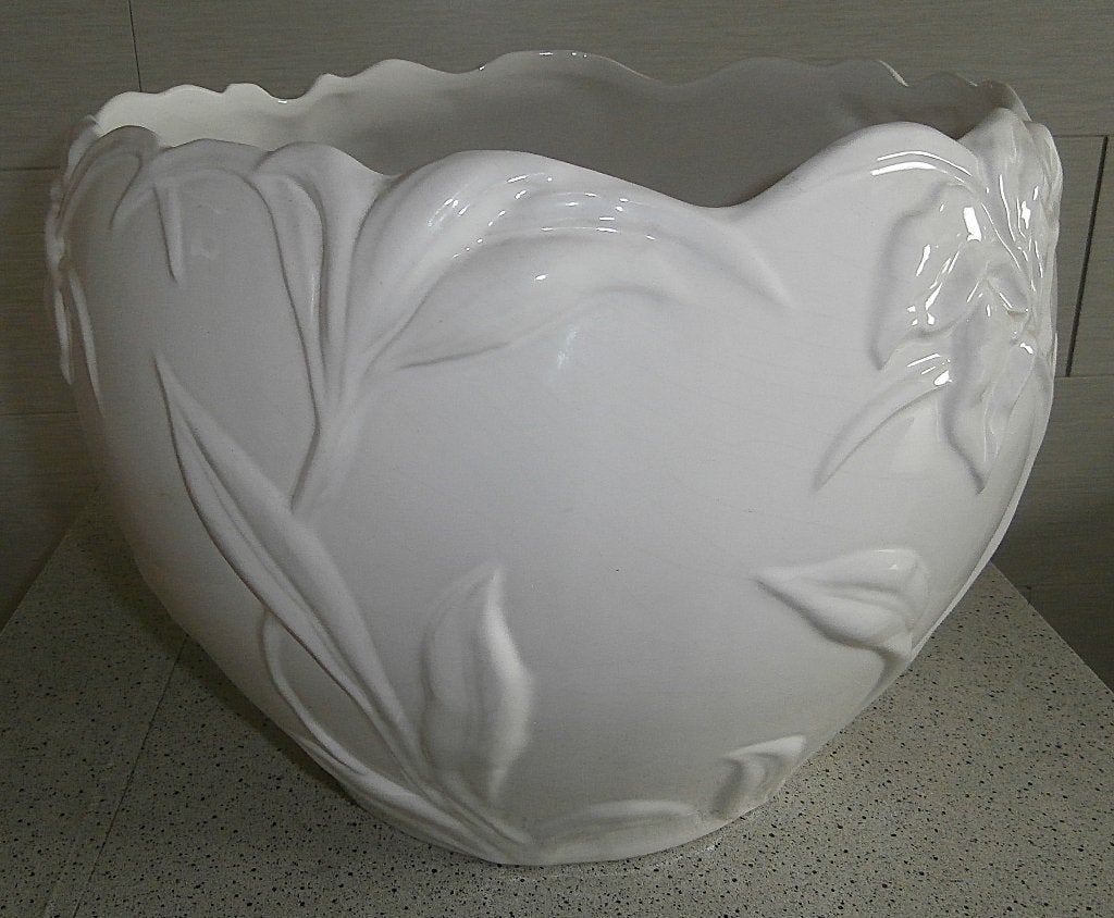 Grote witte stenen bloempot, Rond, Binnen, Zo goed als nieuw, Minder dan 40 cm