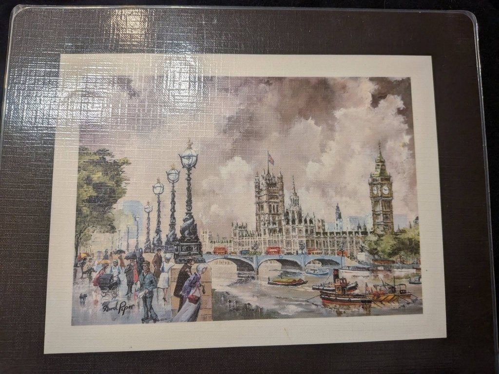 Dessin d une vue de Londres. Plastifié. 25 x 20 cm., Antiquités & Art, Enlèvement, Dessin