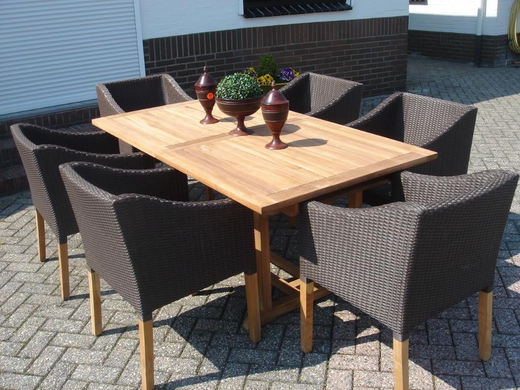 Massief teak tuintafel 180/240 x 100 eettafel ECHT teakhout, Ophalen, Zo goed als nieuw, Rechthoekig, Teakhout
