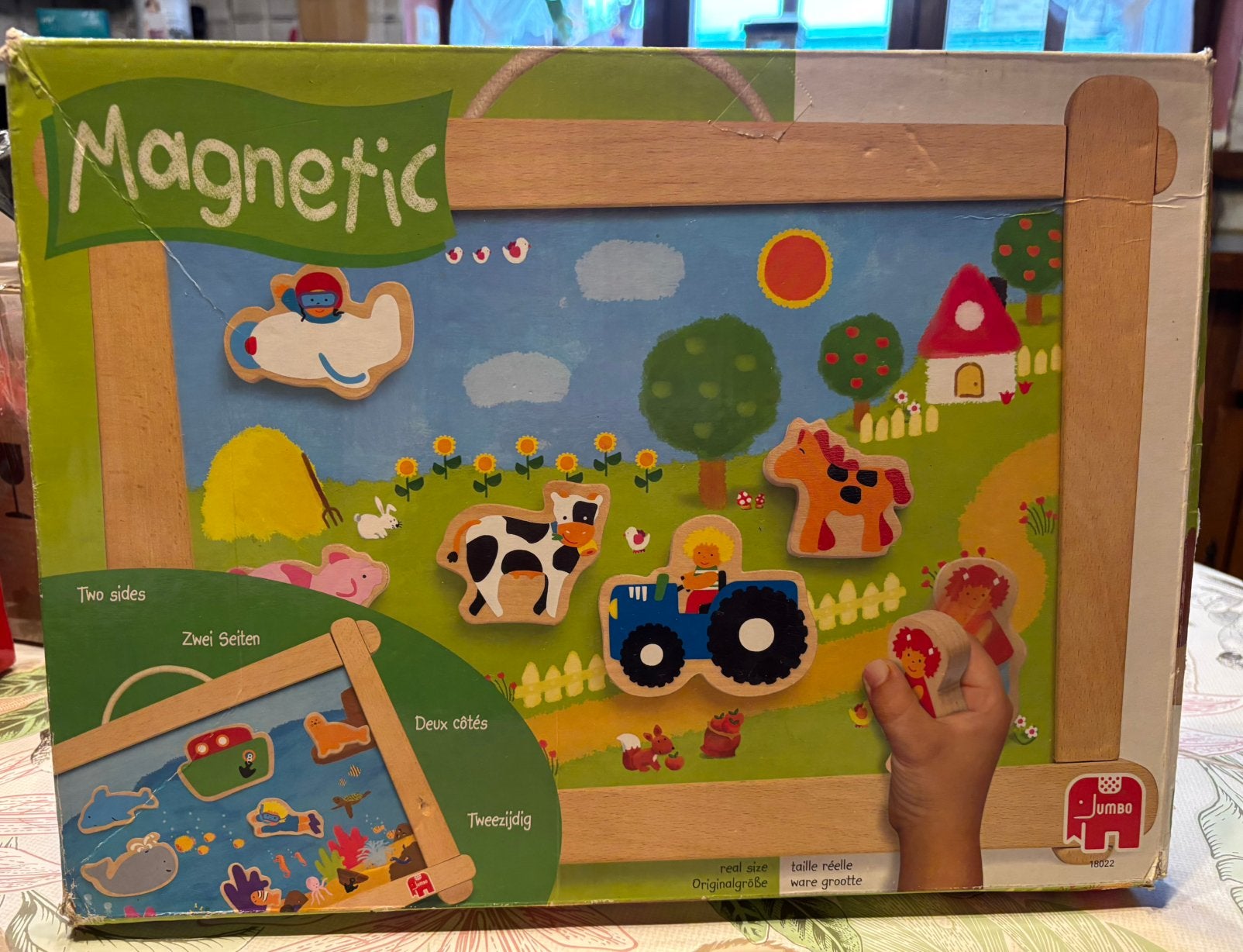 Dubbele magnetische tafel,boerderij/vissen+12 magneten., Ophalen of Verzenden, 10 tot 50 stukjes, Zo goed als nieuw, Van hout