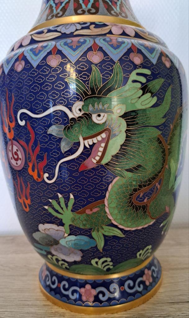 Grote Chinese cloisonne geëmailleerde vaas met drakenfeniks, Ophalen of Verzenden