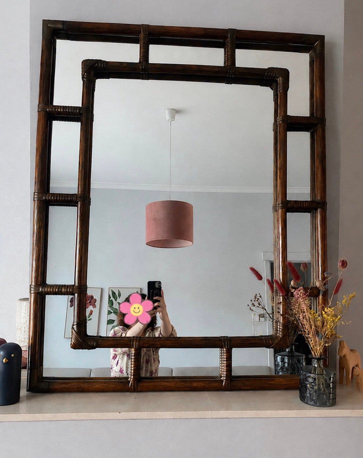 Grote vintage spiegel met rotan en messing, Huis en Inrichting, Ophalen, Zo goed als nieuw