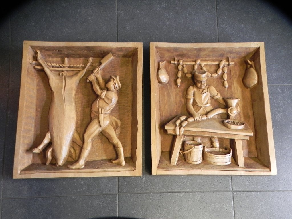 Hout snijwerk uniek handwerk uit 1900  afb slager, Antiquités & Art, Art | Sculptures & Bois, Bois, Art deco, Fait main, 50 - 100 cm