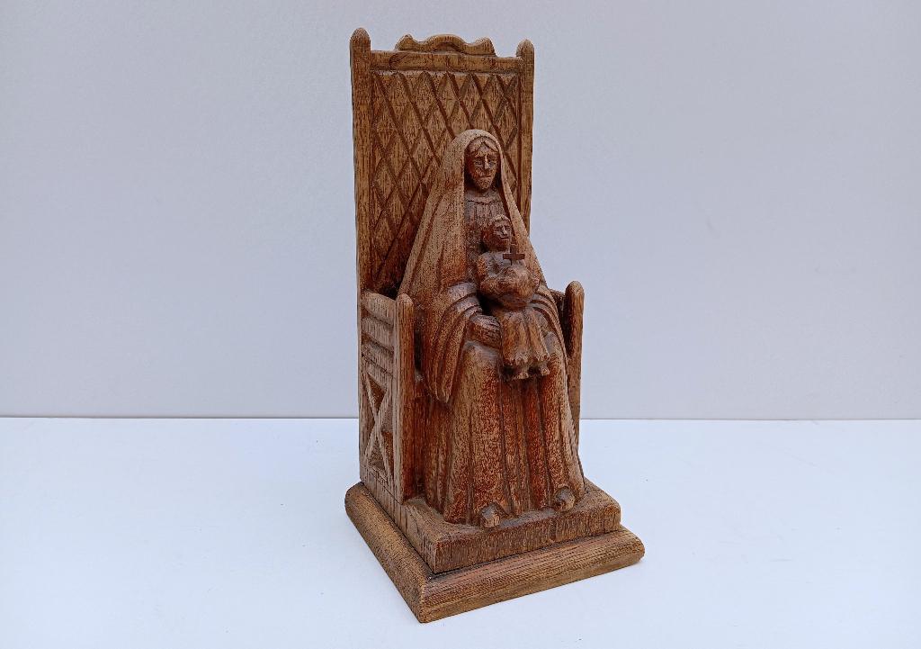 houtsnijwerk beeld MARIA en KINDJE JEZUS op troon gesigneerd, Antiek en Kunst, Ophalen of Verzenden