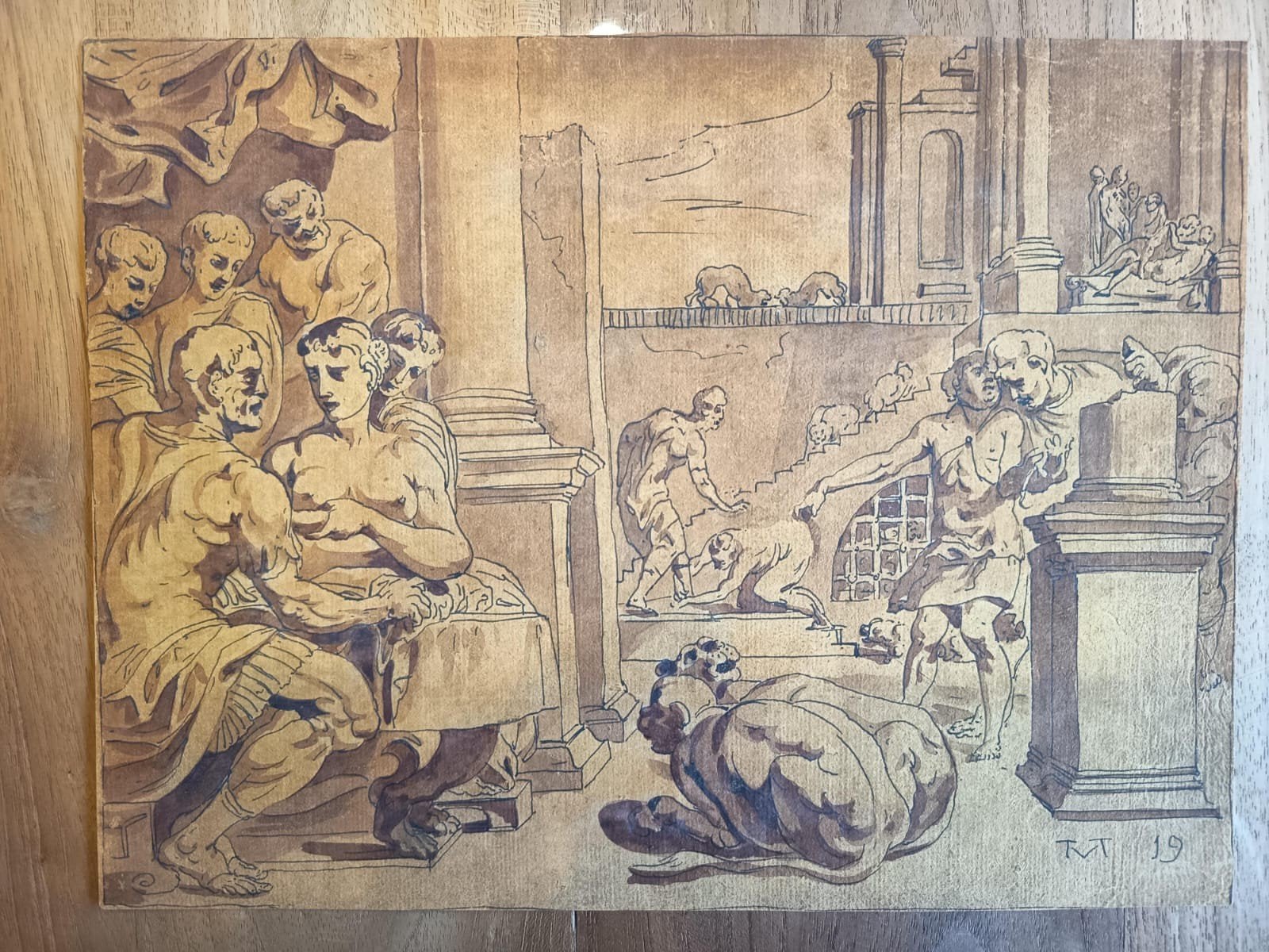 Dessin ancien à la plume - aujourd'hui encadré - signé TVT 1, Antiquités & Art, Art | Dessins & Photographie, Enlèvement ou Envoi