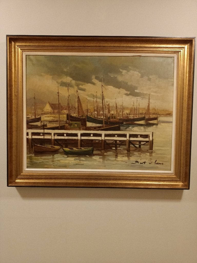 Schilderij jachthaven Oostende 107x87cm, Antiek en Kunst, Ophalen, Maritiem / water, Doek, Origineel werk