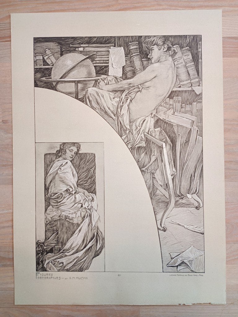 Authentieke Mucha- Figures Decoratives Nr. 40, Antiquités & Art, Art | Lithographies & Sérigraphies, Lithographie, Original, Portraits et figures