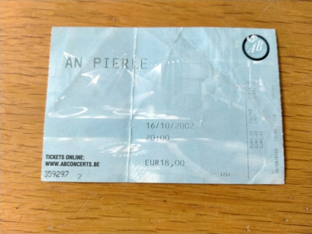 Ticket de concert An Pierlé @Ancienne Belgique  - 16/10/2002, Verzamelen, Muziek, Artiesten en Beroemdheden, Ophalen, Gebruikt