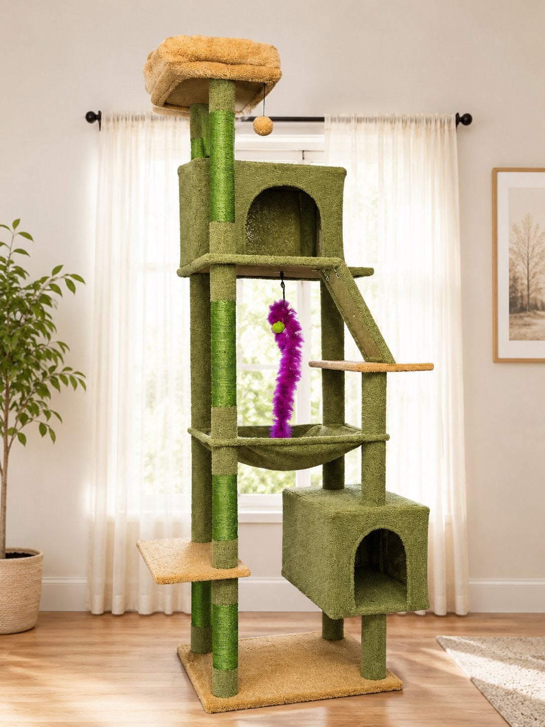 Luxe Cactus Krabpaal 180 cm – Met 2 Kattenhuizen, Hangmat, Ophalen of Verzenden, Zo goed als nieuw, Krabpaal