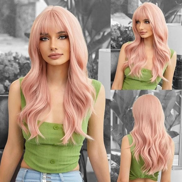 Luxe pruik perzik pastel roze lang haar met pony, Handtassen en Accessoires, Uiterlijk | Haarverzorging, Verzenden, Nieuw