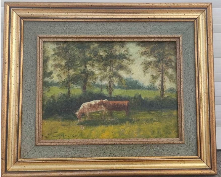 Huile sur panneau vaches signe Fred Thompson, Enlèvement ou Envoi, Panneau