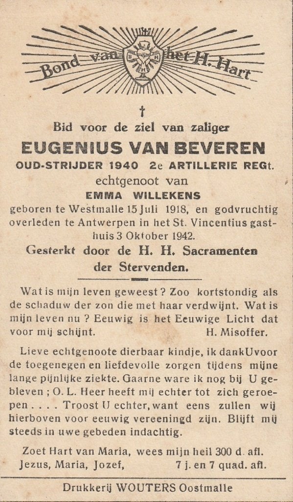 Oorlog 1940-45 Eugenius Van Beveren monument Oostmalle, Verzamelen, Ophalen of Verzenden