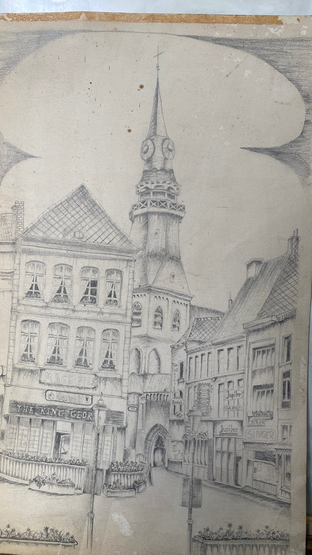 Kunstwerk “grote markt” Hasselt, Antiek en Kunst, Kunst | Tekeningen en Fotografie, Ophalen of Verzenden, Potloodtekening