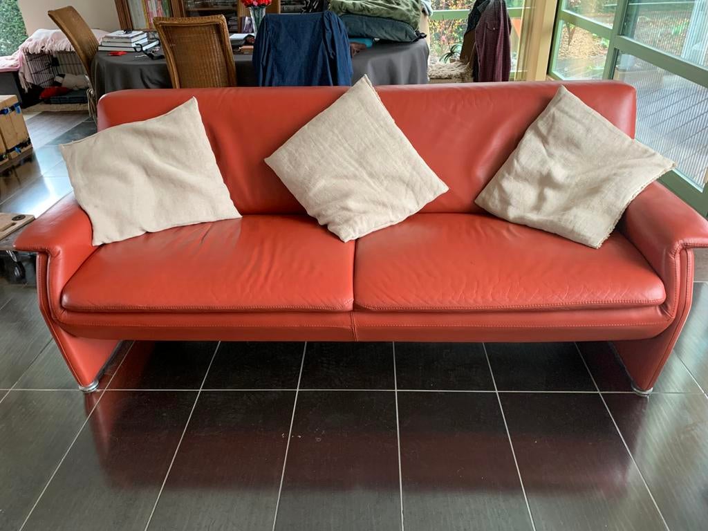 Volledige salon te koop in terracotta kleur, Huis en Inrichting, Zetels | Zetels, Gebruikt, Rechte bank, Overige maten, Leer, Ophalen