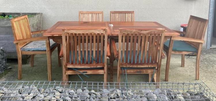 Teak tafel 180/220 x 100 met 6 stoelen, Ophalen, Nieuw