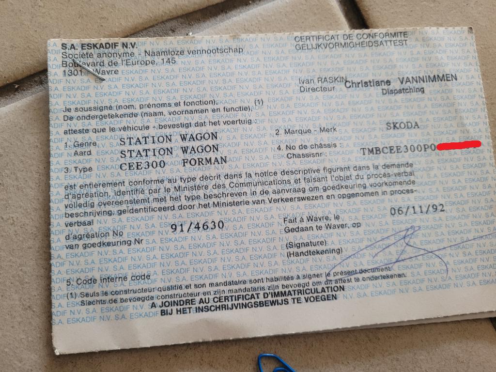 Belgisch conformiteitscertificaat SKODA FORMAN 1992 Eskadif, Ophalen of Verzenden, Gebruikt
