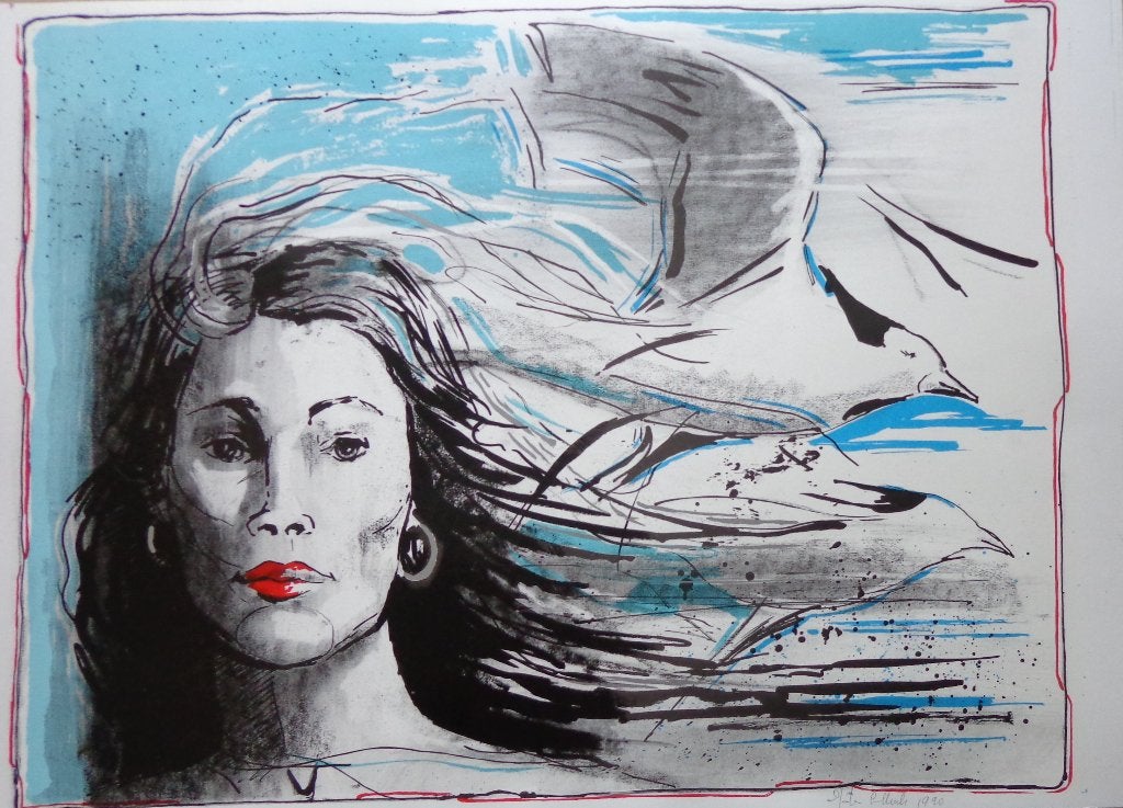 NEDERLANDSE SCHOOL / VROUW MEEUWEN / LITHO / 50x69cm / SIG, Antiquités & Art, Enlèvement ou Envoi, Lithographie, Portraits et figures