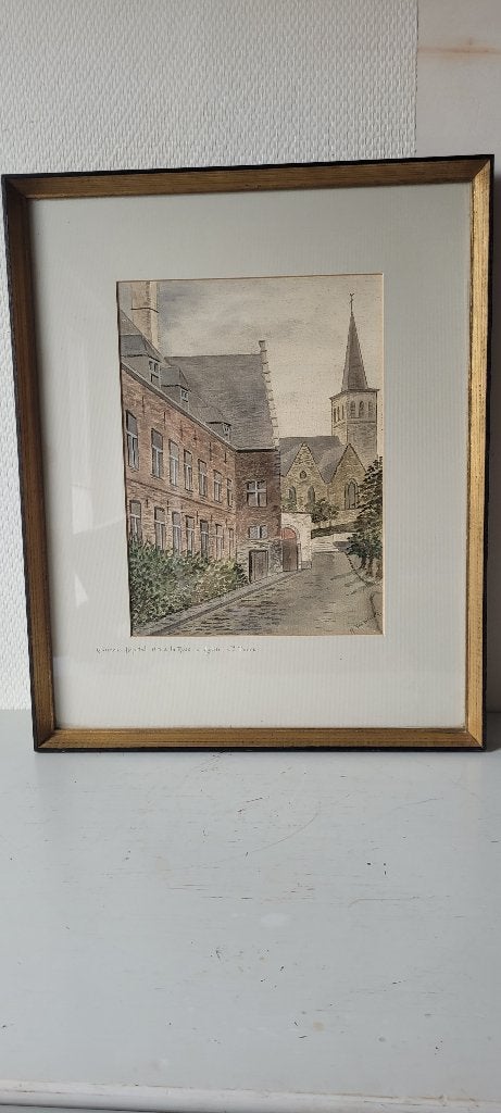 Origineel aquarelschilderij Lessines Belgium Vintage, Ophalen of Verzenden, Landschap, Aquarel, Origineel werk