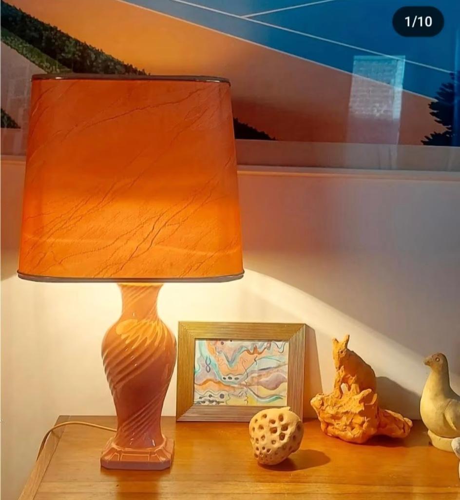 Lampe de table ancienne en céramique rose, Enlèvement