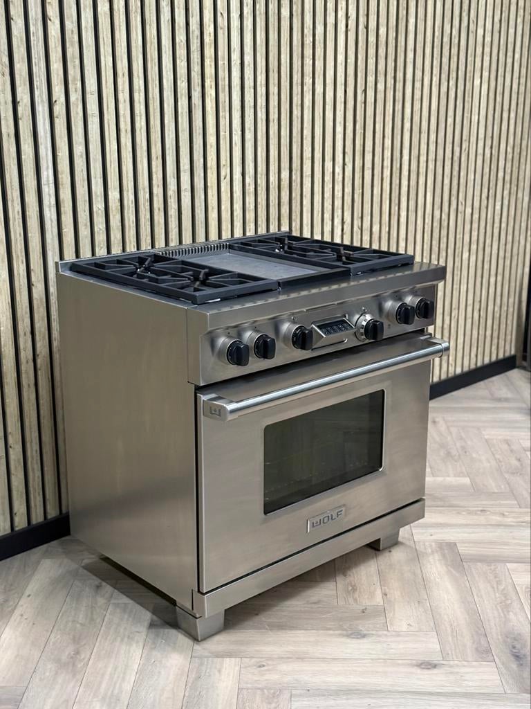 Wolf Dual Fuel Professioneel Fornuis + 91cm ZWARTE KNOPPEN, Ophalen of Verzenden, Grill, Elektrisch