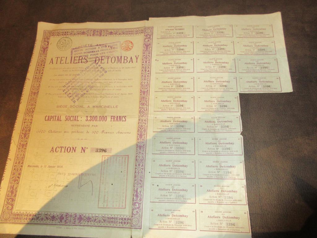 Action au porteur ATELIERS DETOMBAY 1920 certificat porteur, Enlèvement