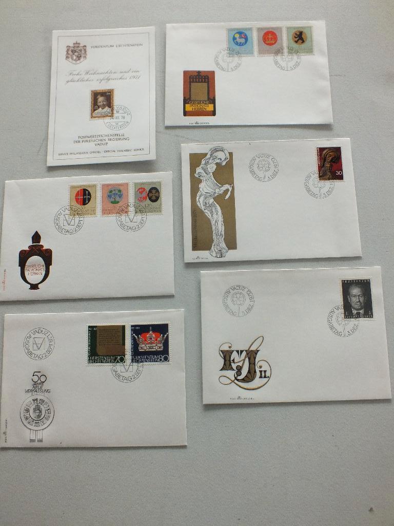 Liechtenstein 1970-1971 FDC enveloppen 5 stuks, Postzegels en Munten, Verzenden, Beschreven