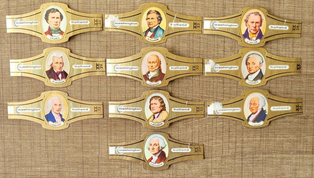 10 oude sigarenbandjes: presidenten Amerika, Enlèvement ou Envoi, Utilisé, Bagues de cigare