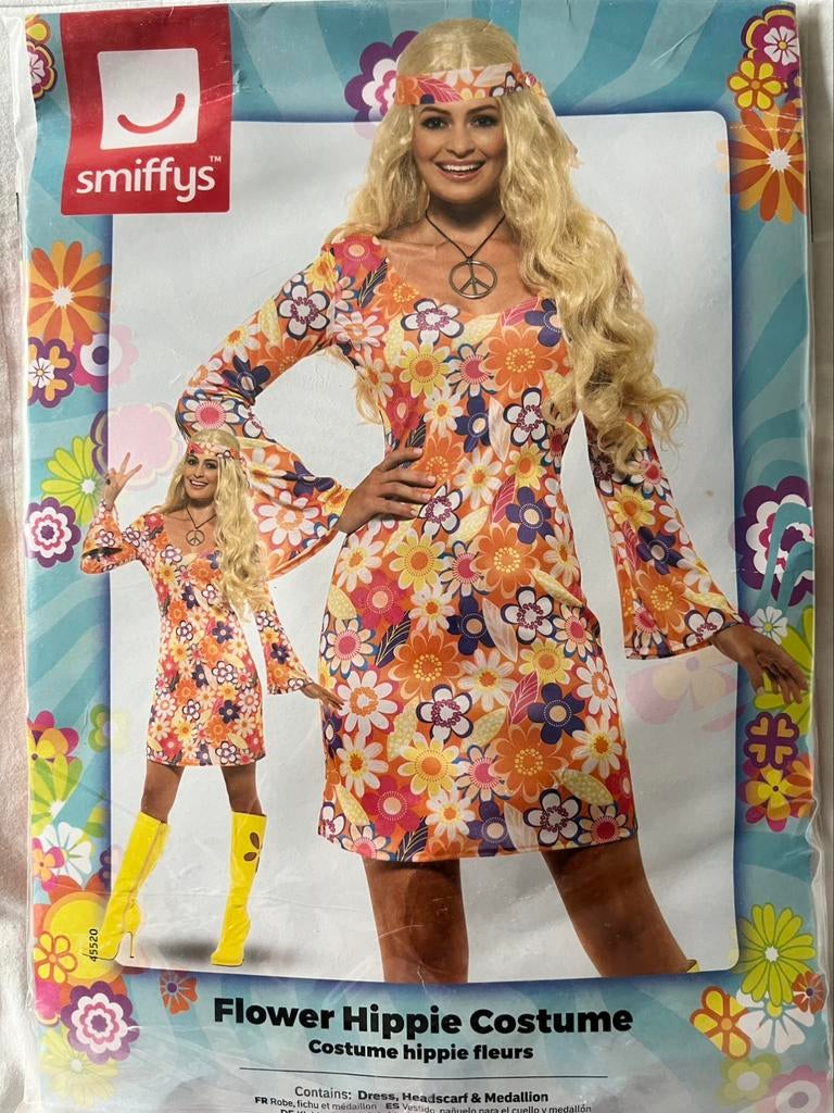 Flower power kleedje XL + haarband + medaillon, Kleding | Dames, Ophalen, Zo goed als nieuw