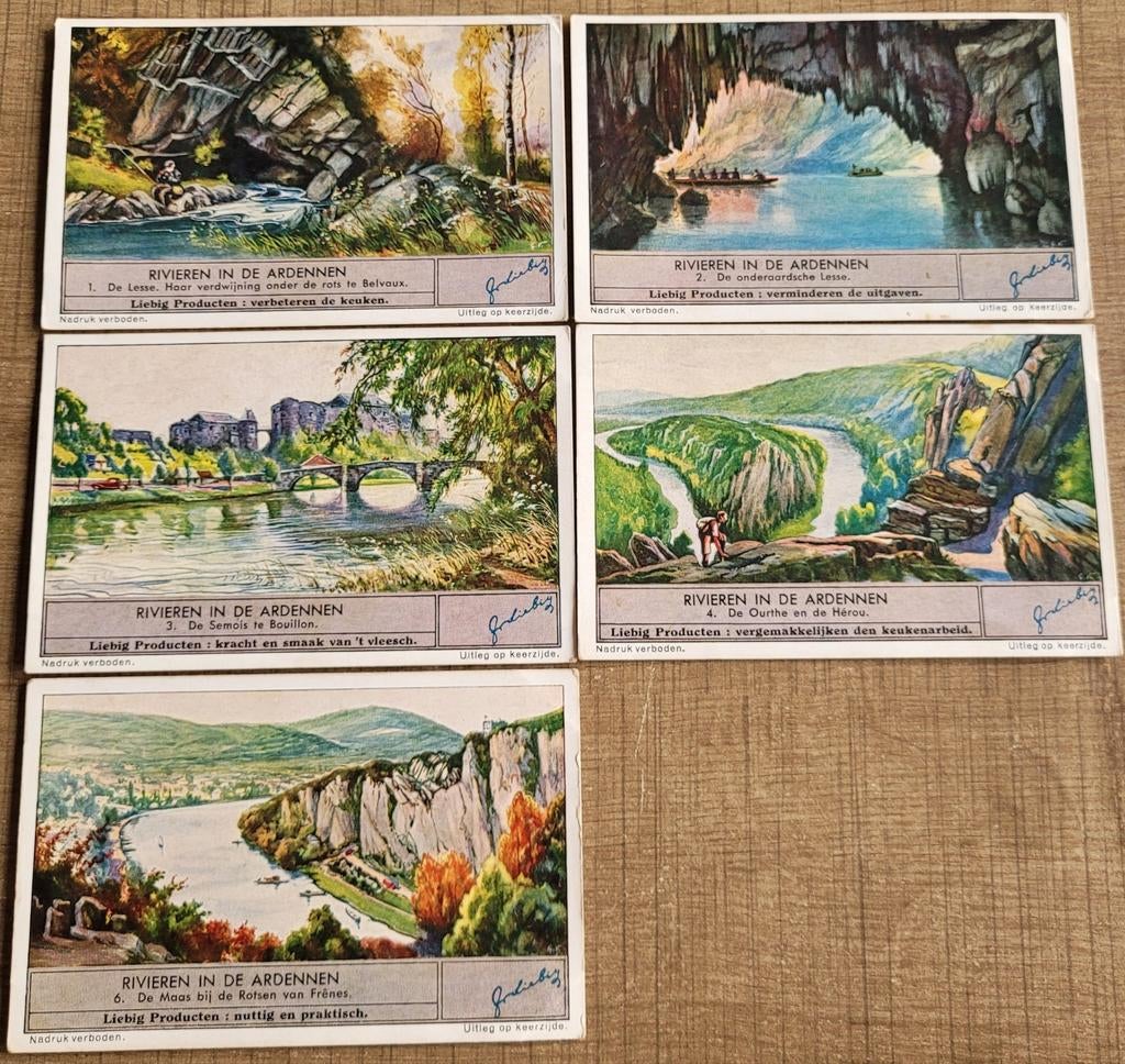 5 oude Liebig prenten: Rivieren in de Ardennen, Enlèvement ou Envoi, Utilisé, Nature, Gravure