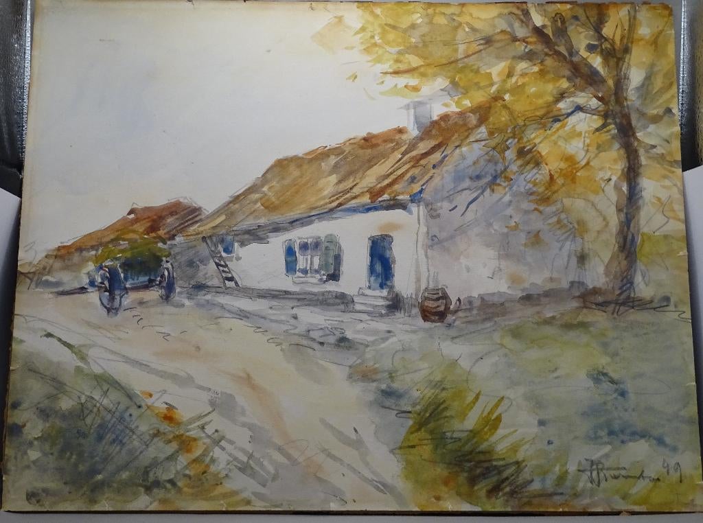 Aquarelle ancienne — Ferme flamande — Signée '49, Enlèvement ou Envoi