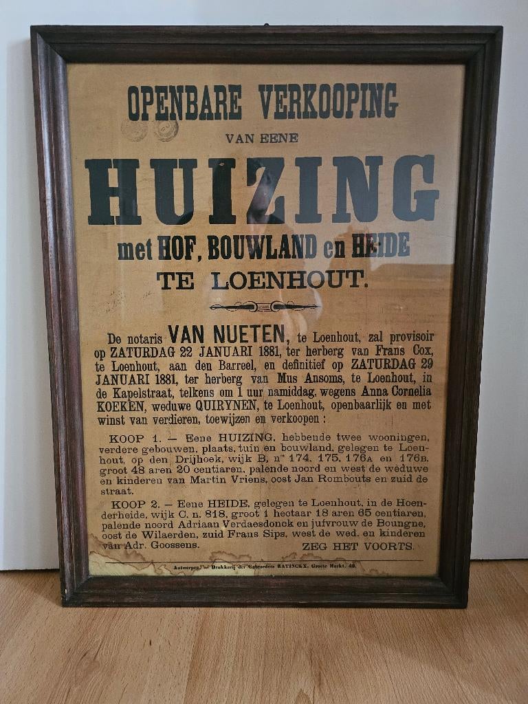 Affiche openbare verkoop 1881, Ophalen, Met lijst, A1 t/m A3, Overige onderwerpen