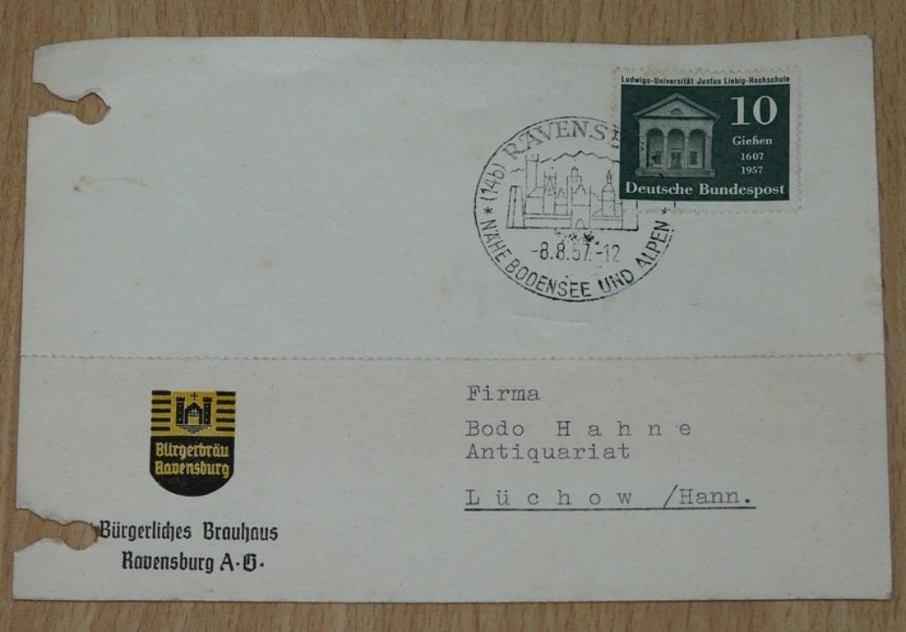 Briefkaart / Postkarte, Duitsland, met dag stempel, 1957., Verzamelen, Ophalen of Verzenden, 1940 tot 1960, Gelopen, Duitsland