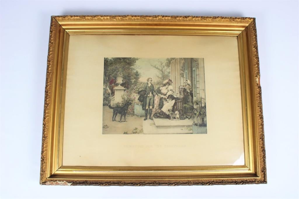 Ingekleurde heliogravure "departure of the honeymoon" Outin, Antiek en Kunst, Ophalen