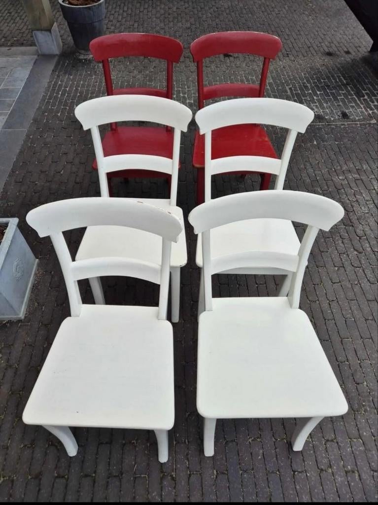 6 houten stoelen, Huis en Inrichting, Stoelen, Ophalen, Gebruikt, Rood