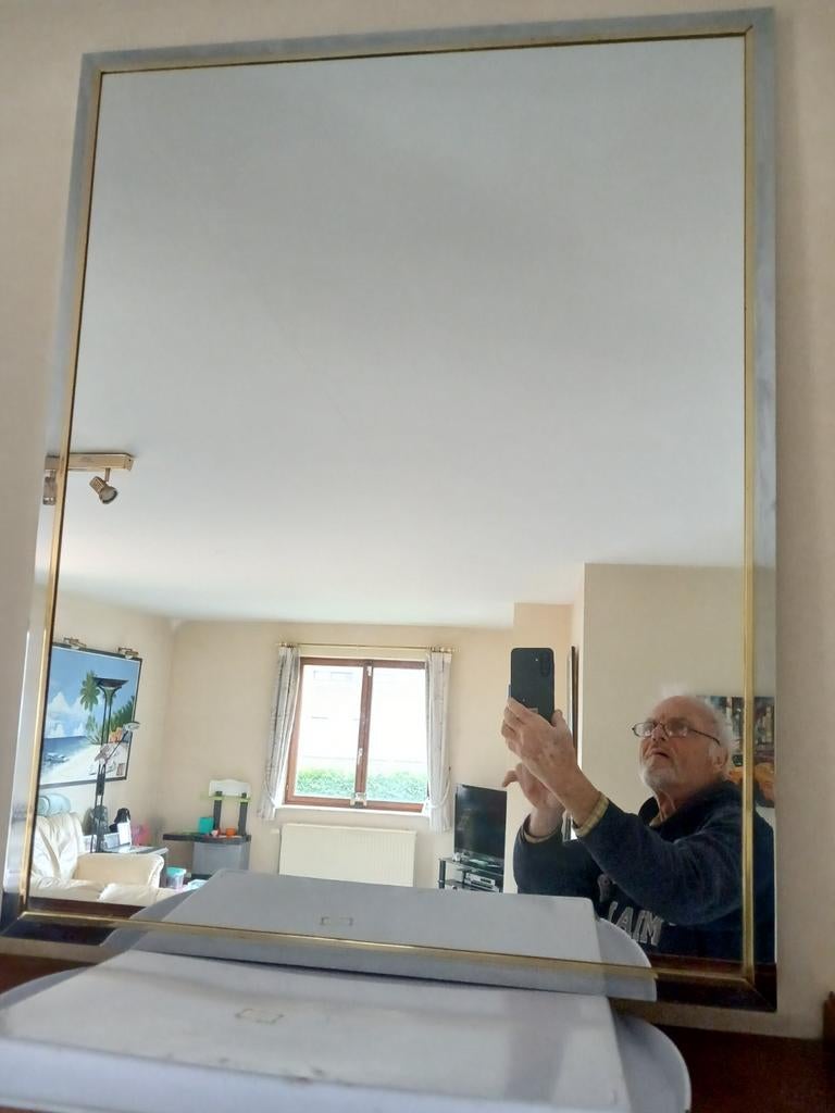 MIROIR METAL ARGENTÉ BORD DORÉ, Neuf, Enlèvement ou Envoi, Moins de 100 cm, 50 à 75 cm