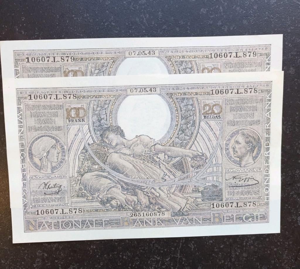 2 opeenvolgende 100 francs Vloors Vlaams 1943!, Postzegels en Munten, Ophalen of Verzenden, Setje