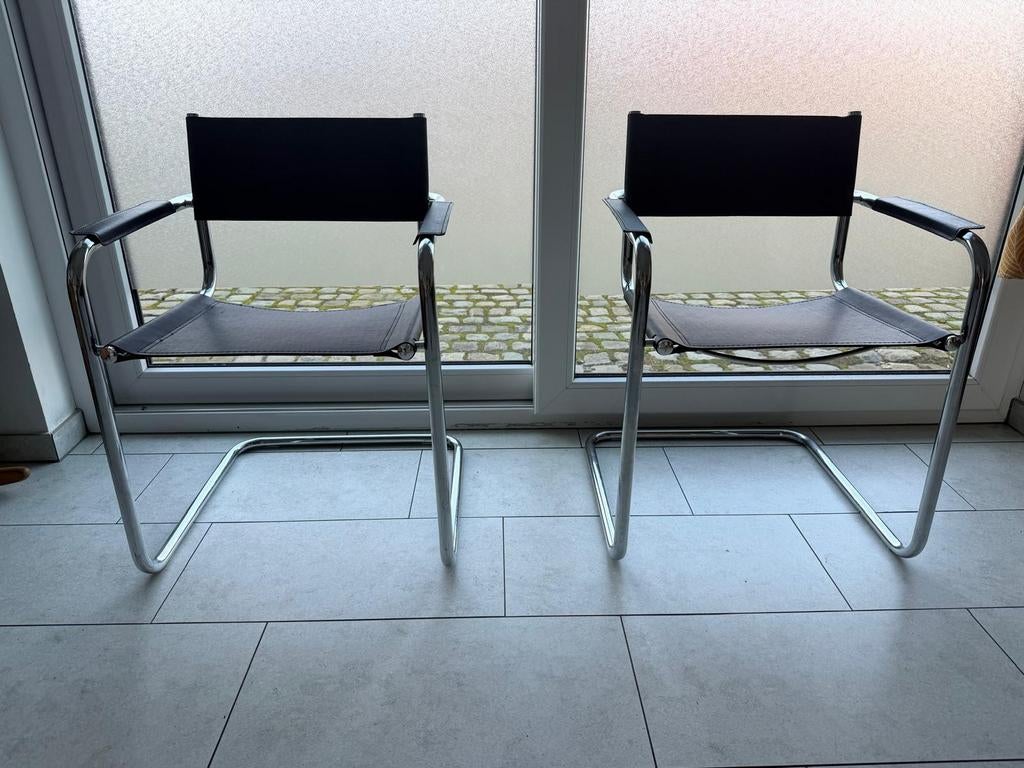 Paire de chaises S34 - Style Bauhaus - Cuir Noir & Chrome -, Huis en Inrichting, Stoelen, Ophalen, Zwart, Leer, Eén