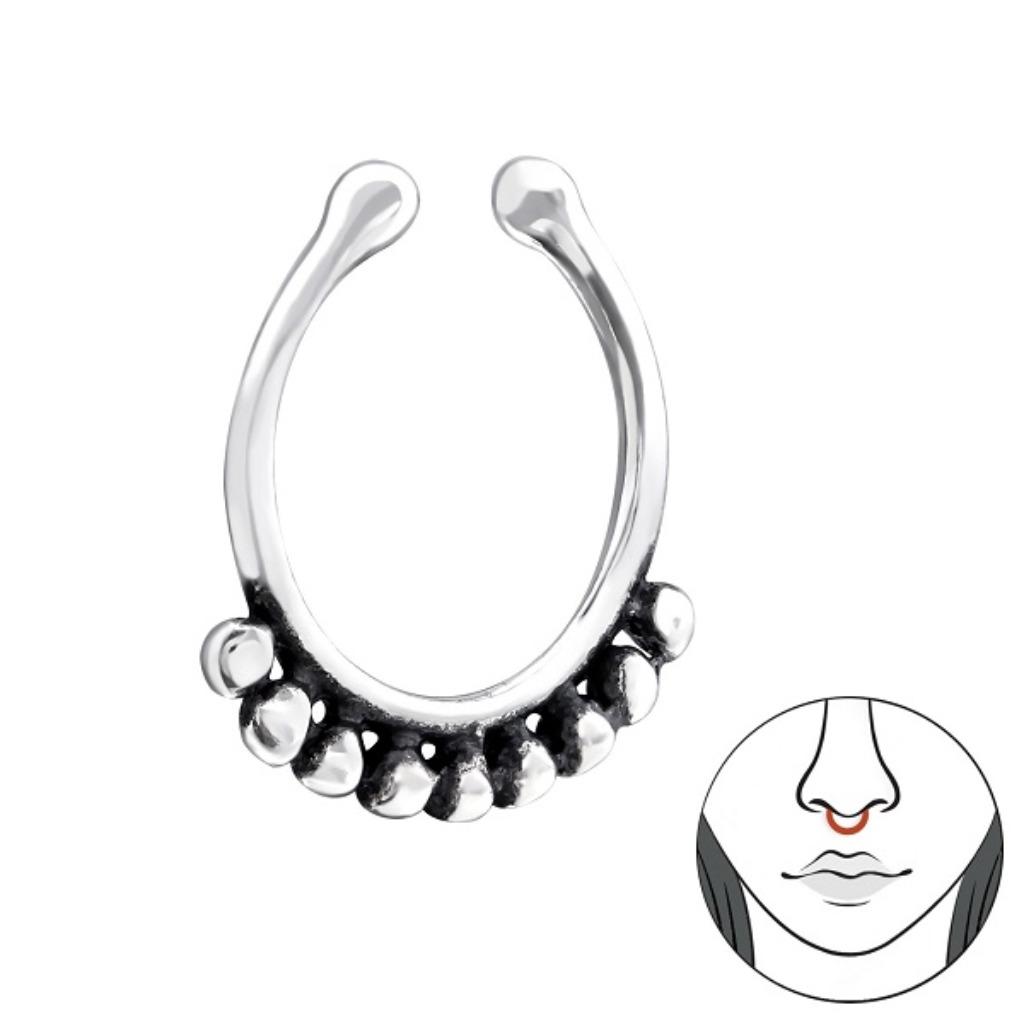 Neusclip fake piercing 925 zilver geoxideerd - Bali - 10 mm, Ophalen of Verzenden, Nieuw, Zilver, Neuspiercing