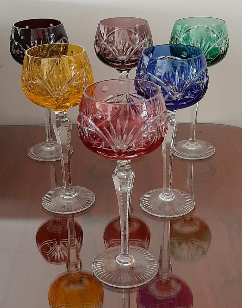 6 vintage gekleurde kristallen wijnglazen - h 19,5cm, Ophalen