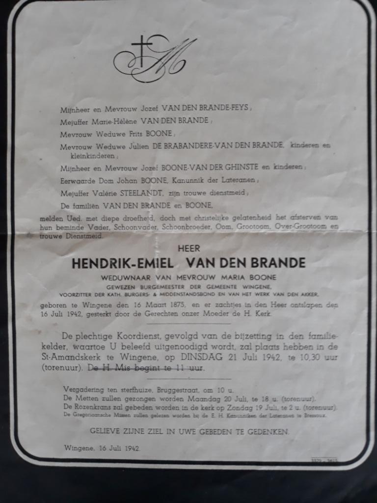Hendrik- Emiel Vandenbrande  oud burgemeester WINGENE, Verzamelen, Bidprentjes en Rouwkaarten, Ophalen of Verzenden