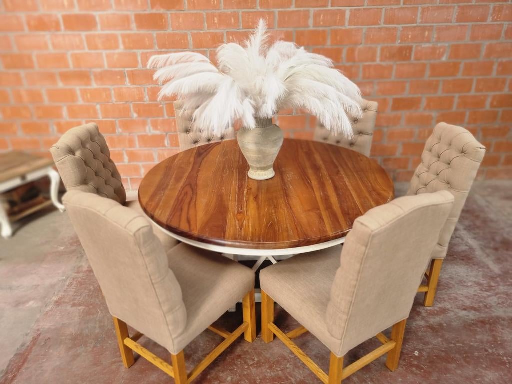 Teak eettafel rond GRATIS LEVERING, Ophalen, Riviera maison, 150 tot 200 cm, Vijf personen of meer