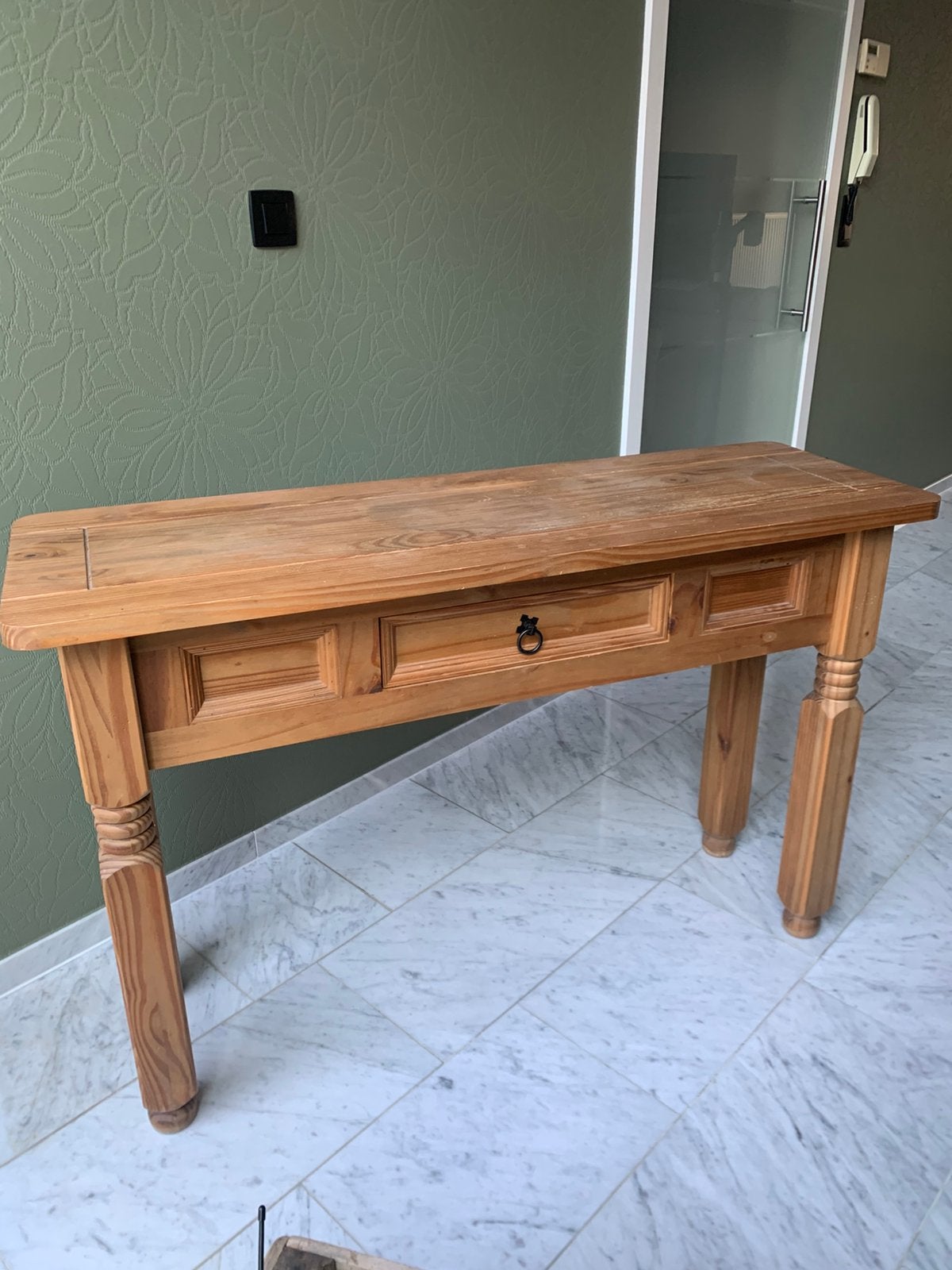 Houten sidetable / haltafel, Ophalen, Gebruikt, 100 tot 150 cm, Minder dan 25 cm