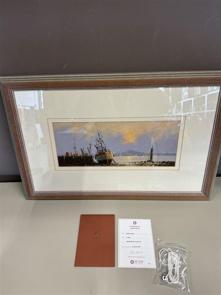 Schilderij D. Short - gesigneerd - Boats at Sunset, Antiek en Kunst, Ophalen of Verzenden, Gesigneerd