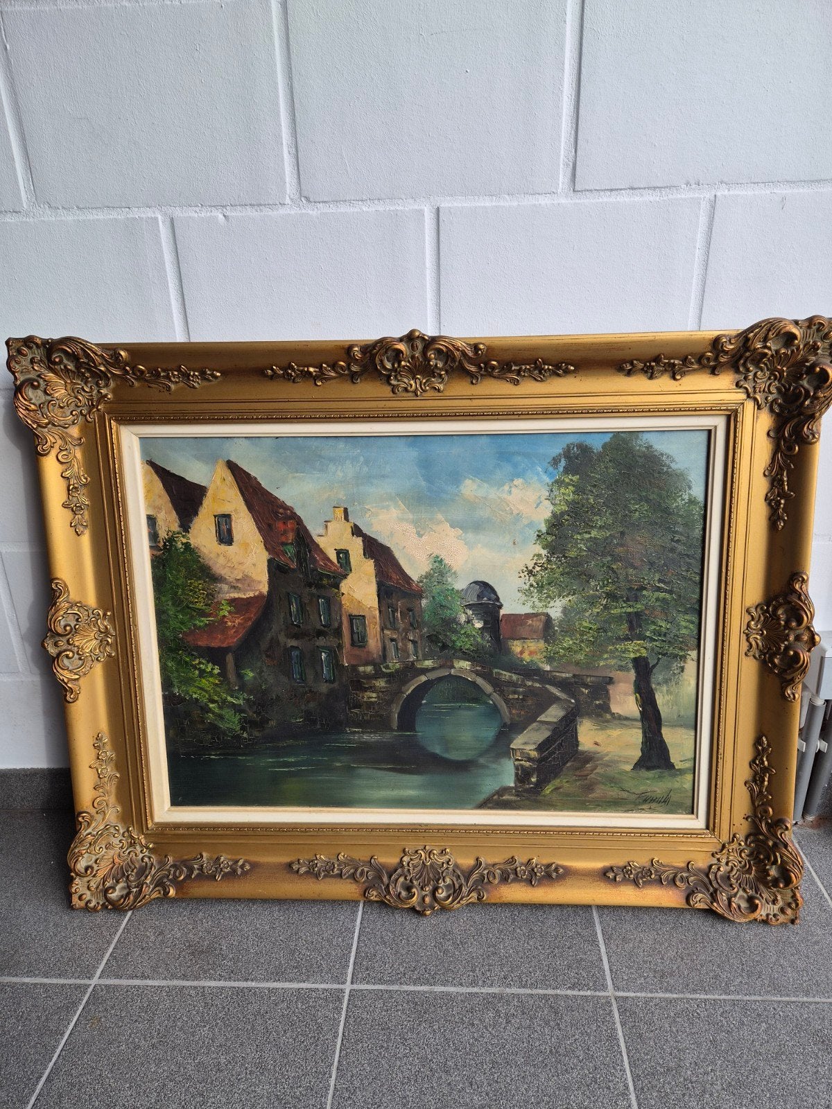 Sfeervol antiek olieverfschilderij Brugge (Meebrug), Peinture à l'huile, Signé, Enlèvement, Toile