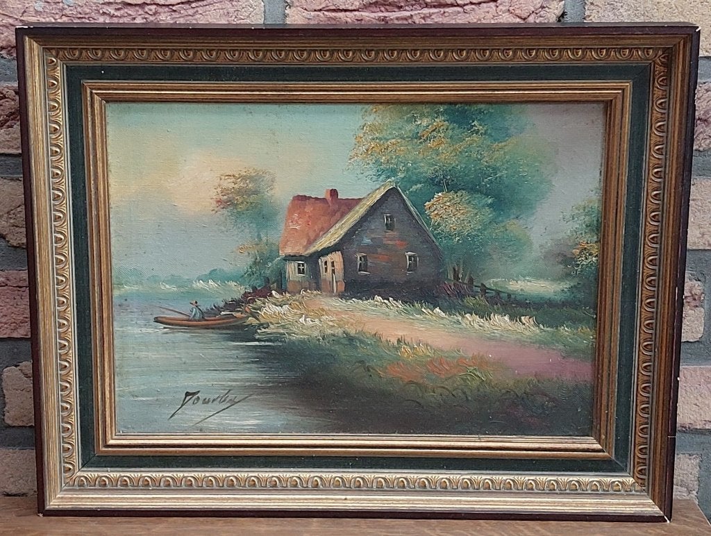 Schilderij - Huis aan meer en visser - In uitstekende staat, Antiek en Kunst, Kunst | Schilderijen | Klassiek, Ophalen, Doek, Gesigneerd