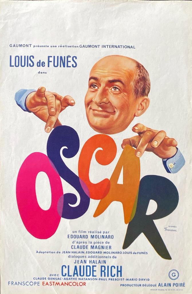 Originele Belgische „Oscar” poster met Louis de Funès, Rechthoekig Staand, Ophalen of Verzenden, Zo goed als nieuw, A1 t/m A3