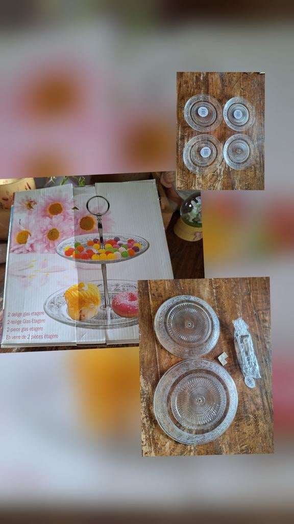 Vintage 2 delige glazen etagère met vier  dessertbordjes, Ophalen of Verzenden, Nieuw, Overig